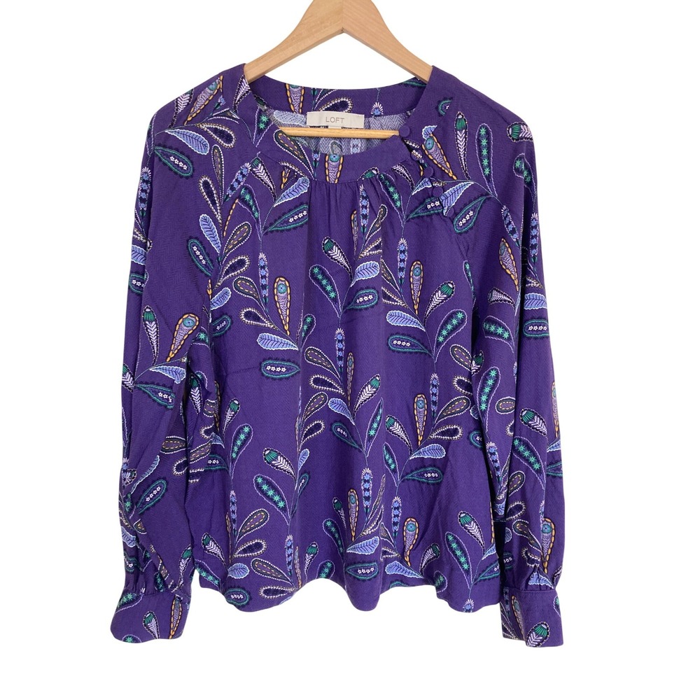 LOFT Purple Paisley Mock‎ Neck Button Detail Blouse XL FA24 757338 Long Sleeve
